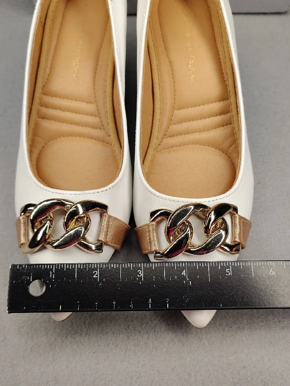 Adrienne Vittadini White Kitten Heels Rose Gold Accents Holding Gold Chain